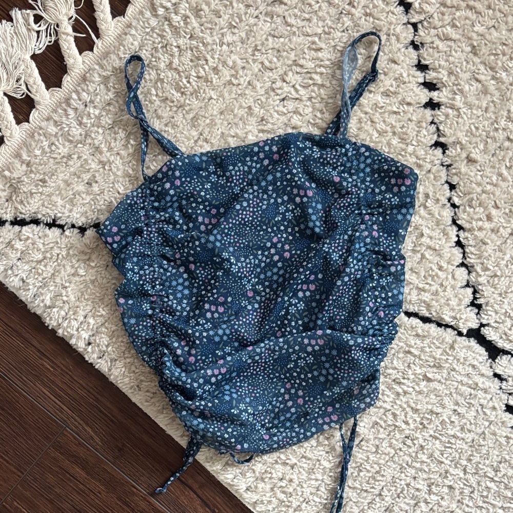 SO Navy Blue Floral Ruched Tank Top